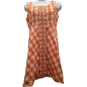 Nick & Mo Anthropologie Dress Sz S Orange Plaid Smocked Retro Ruffled Cottage